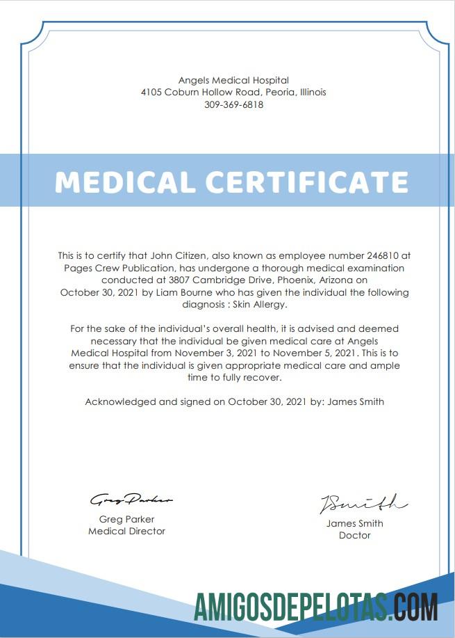 Certificado Médico Hospitalar dos EUA amostra